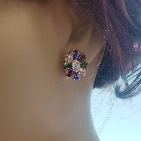 18K rose gold plated multi colorful AAA Zircon Stud Earrings - Picture 4 of 4